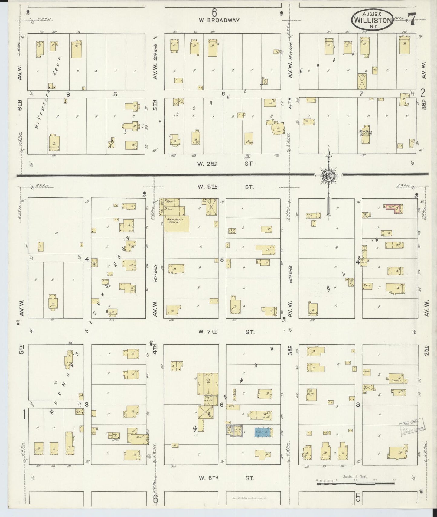 Sanborn Fire Insurance Map from Williston, Williams County, North Dakota (1916), Sheet #0007 - Historic Sanborn Fire Insurance Map Print, vintage old map wall art, antique decor, genealogy gift, North Dakota North Dakota map