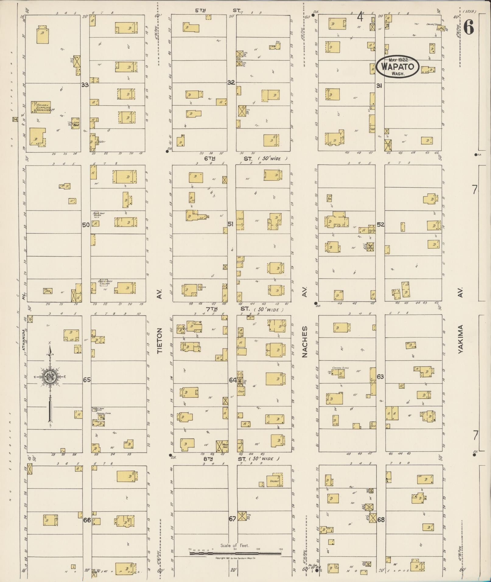 Sanborn Fire Insurance Map from Wapato, Yakima County, Washington (1922), Sheet #0006 - Historic Sanborn Fire Insurance Map Print, vintage old map wall art, antique decor, genealogy gift, Washington Washington map