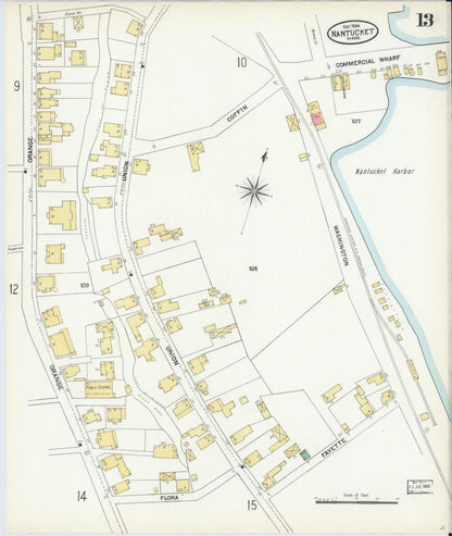 Sanborn Fire Insurance Map from Nantucket, Nantucket County, Massachusetts (1904), Sheet #0013 - Historic Sanborn Fire Insurance Map Print, vintage old map wall art, antique decor, genealogy gift, Massachusetts Massachusetts map