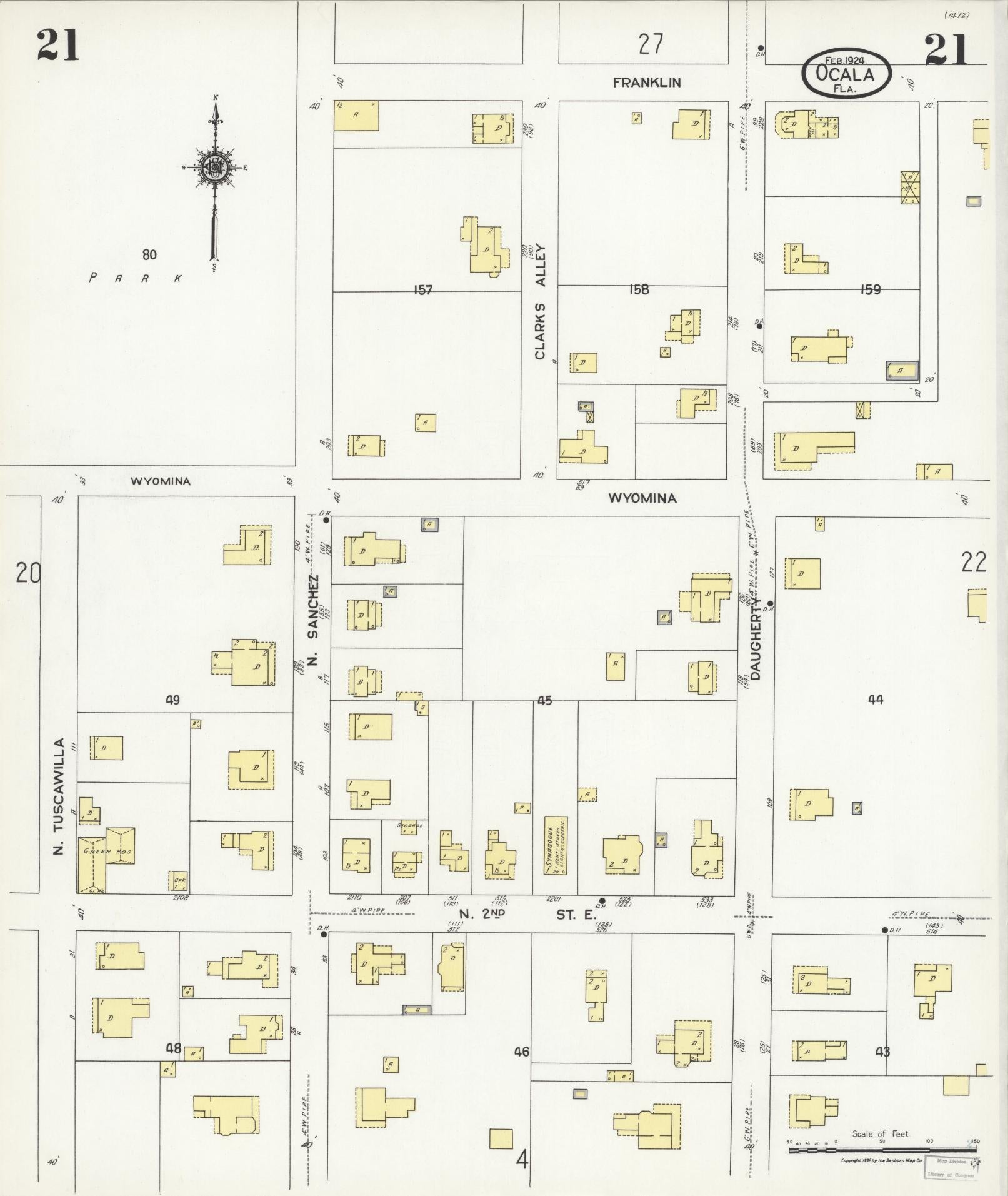 Sanborn Fire Insurance Map from Ocala, Marion County, Florida (1924), Sheet #0021 - Historic Sanborn Fire Insurance Map Print, vintage old map wall art, antique decor, genealogy gift, Florida Florida map