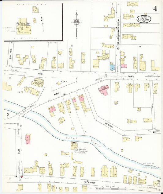 Sanborn Fire Insurance Map from Ludlow, Windsor County, Vermont (1912), Sheet #0004 - Historic Sanborn Fire Insurance Map Print, vintage old map wall art, antique decor, genealogy gift, Vermont Vermont map