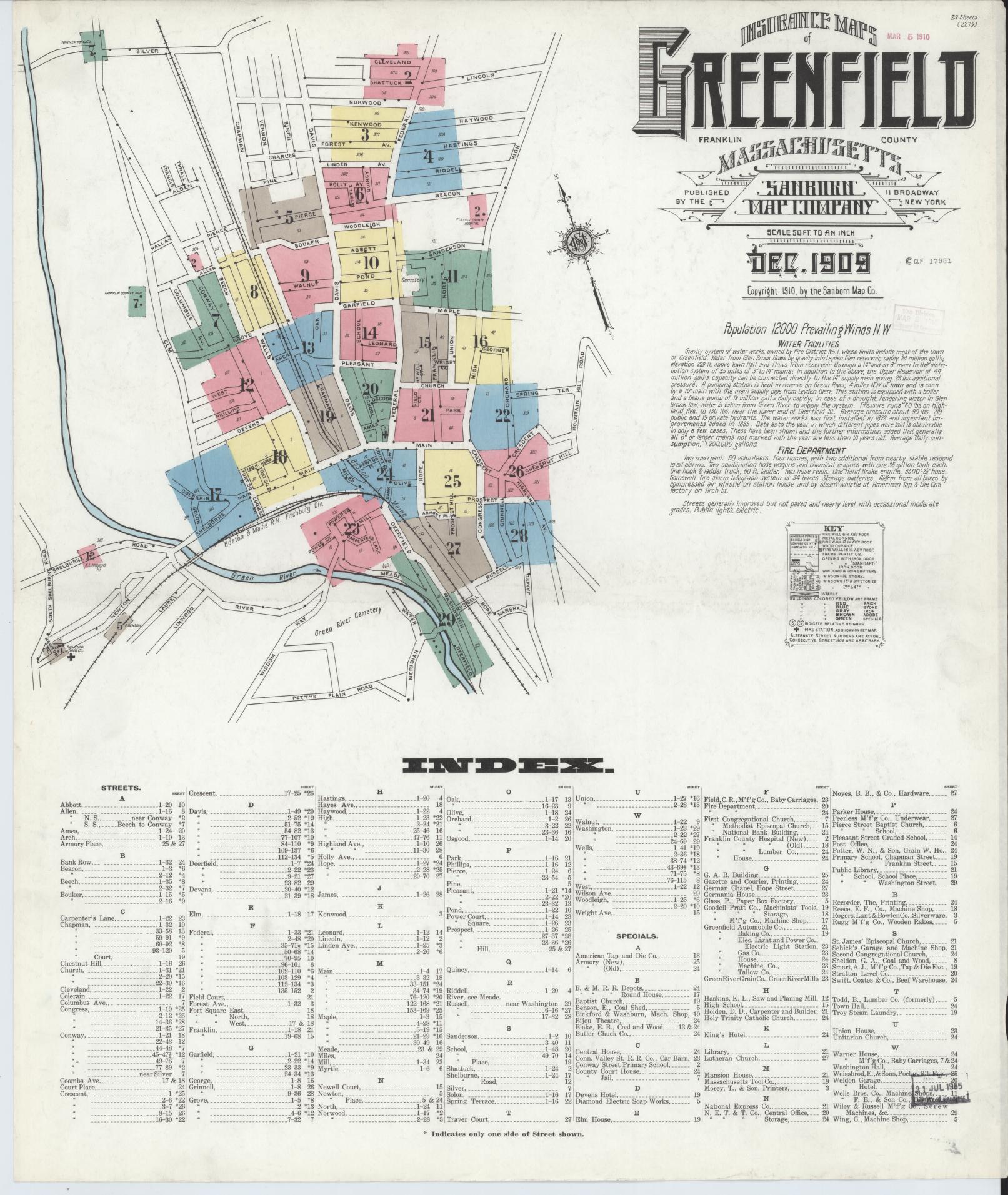 Sanborn Fire Insurance Map from Greenfield, Franklin County, Massachusetts. (1909) – Historic Sanborn Fire Insurance Map Print