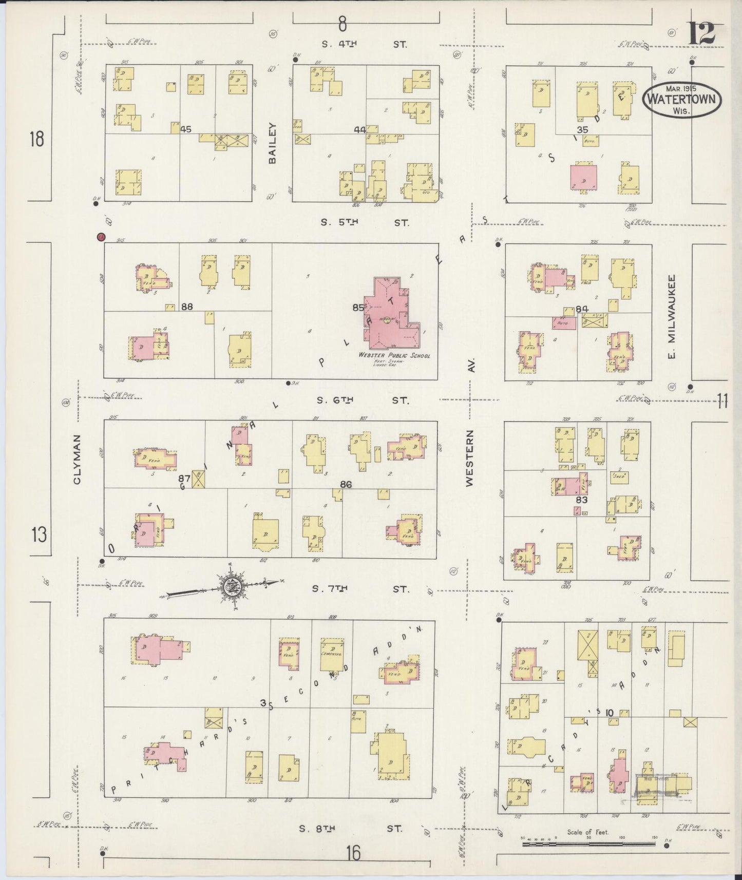 Sanborn Fire Insurance Map from Watertown, Jefferson County, Wisconsin (1915), Sheet #0013 - Complete Map Set gallery image, historic Sanborn map, vintage wall art, Wisconsin Wisconsin