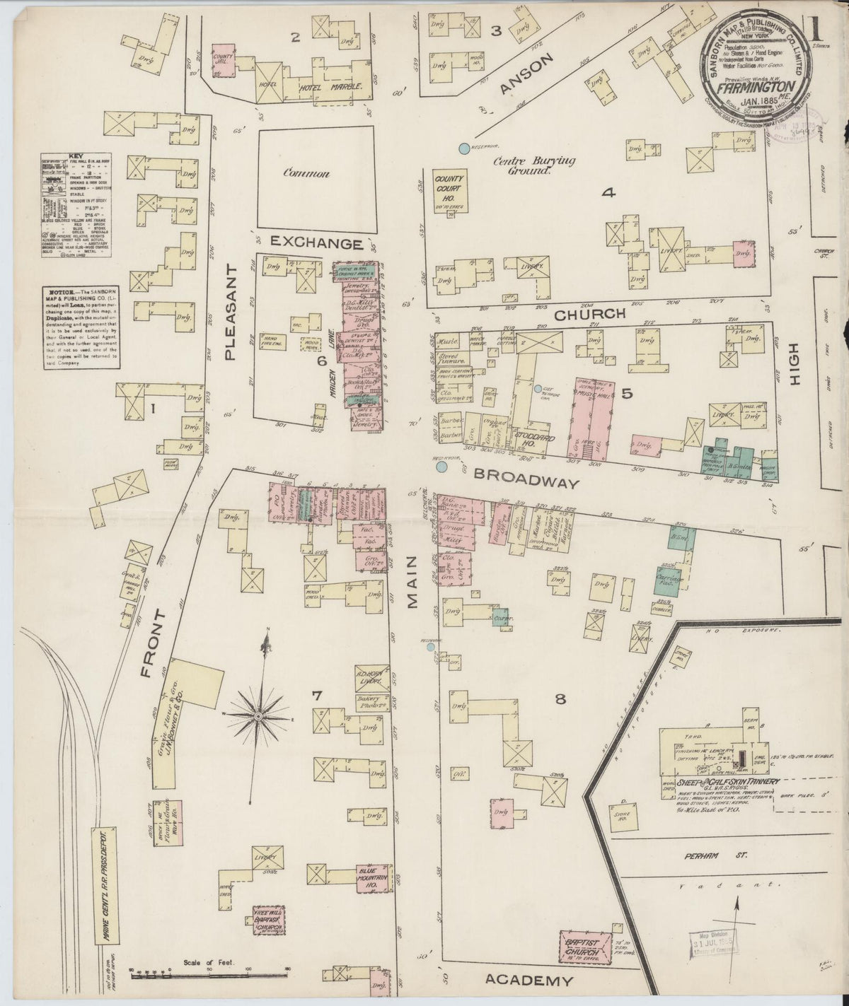 Sanborn Fire Insurance Map from Farmington, Franklin County, Maine (1885), Sheet #0001 - Historic Sanborn Fire Insurance Map Print, vintage old map wall art, antique decor, genealogy gift, Maine Maine map