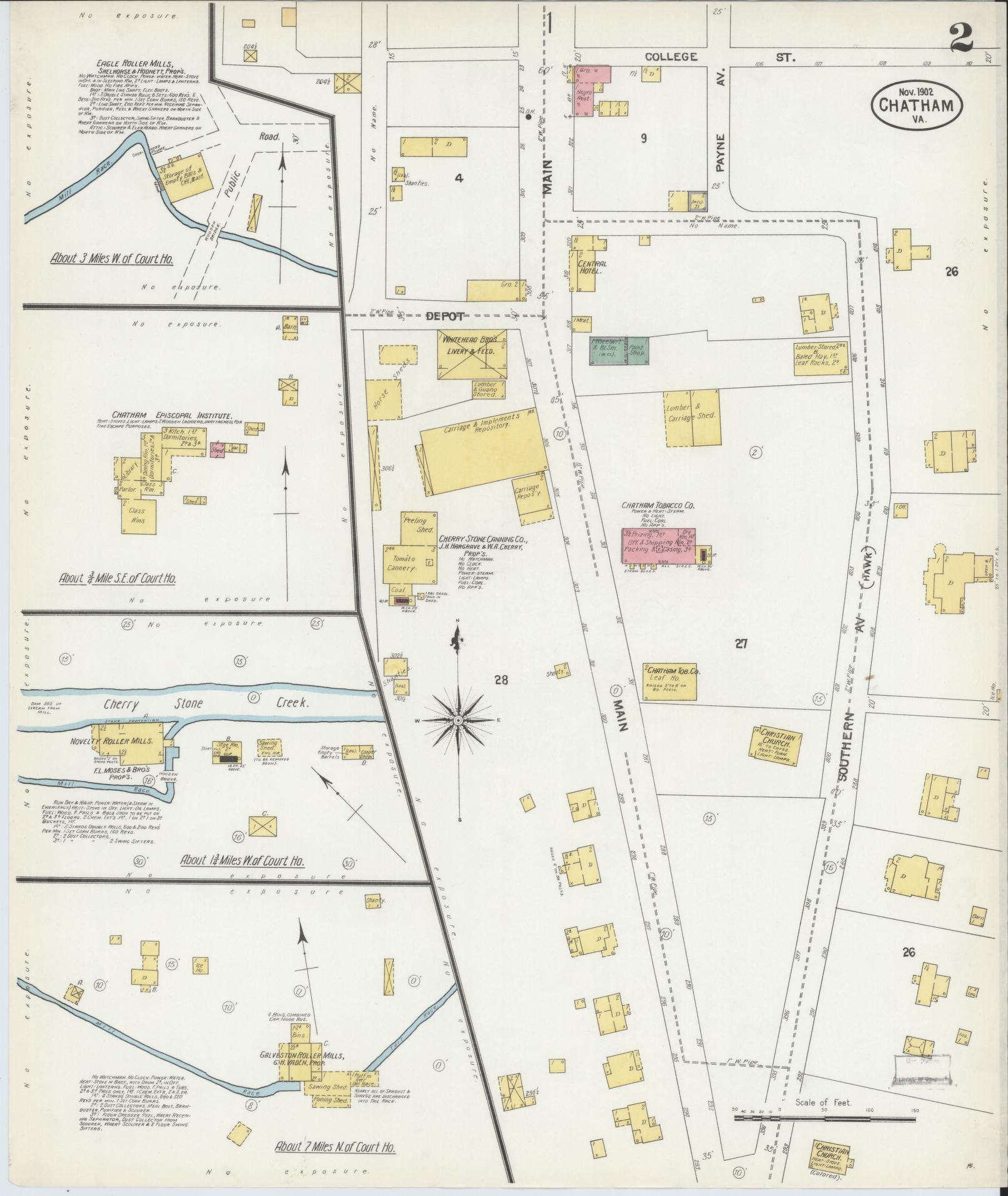 Sanborn Fire Insurance Map from Chatham, Pittsylvania County, Virginia (1902), Sheet #0002 - Historic Sanborn Fire Insurance Map Print, vintage old map wall art, antique decor, genealogy gift, Virginia Virginia map