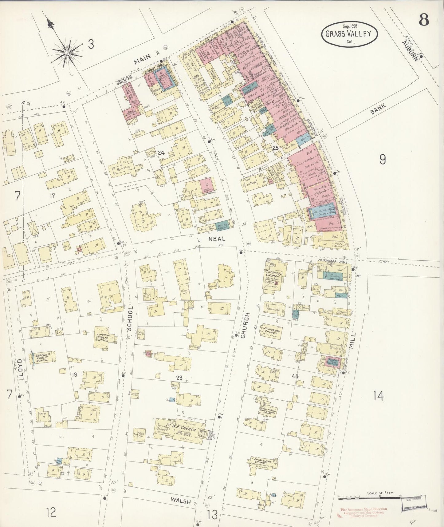 Sanborn Fire Insurance Map from Grass Valley, Nevada County, California (1898), Sheet #0008 - Historic Sanborn Fire Insurance Map Print, vintage old map wall art, antique decor, genealogy gift, Grass Valley Nevada map