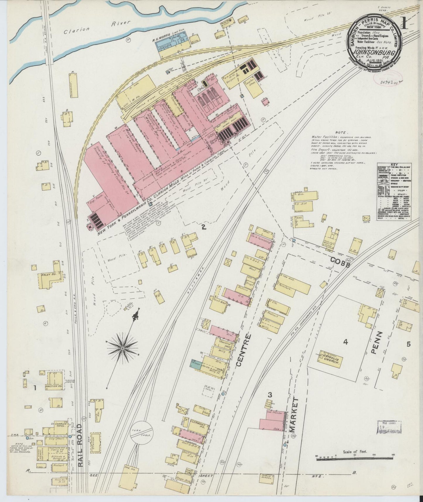 Sanborn Fire Insurance Map from Johnsonburg, Elk County, Pennsylvania (1891), Sheet #0001 - Historic Sanborn Fire Insurance Map Print, vintage old map wall art, antique decor, genealogy gift, Pennsylvania Pennsylvania map