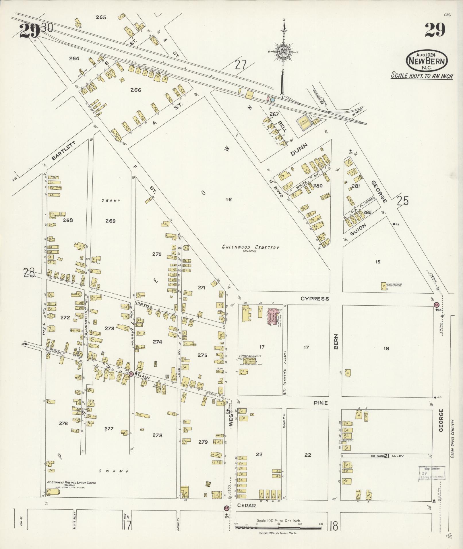Sanborn Fire Insurance Map from New Bern, Craven County, North Carolina (1924), Sheet #0029 - Complete Map Set gallery image, historic Sanborn map, vintage wall art, North Carolina North Carolina