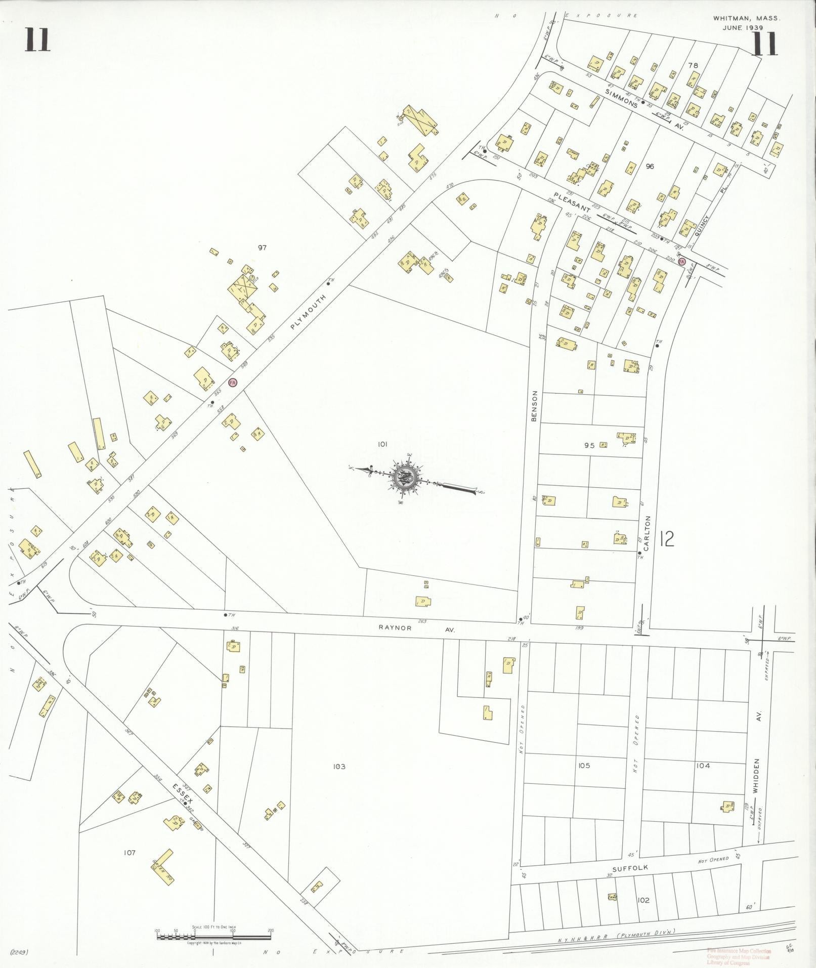 Sanborn Fire Insurance Map from Whitman, Plymouth County, Massachusetts (1939), Sheet #0011 - Historic Sanborn Fire Insurance Map Print, vintage old map wall art, antique decor, genealogy gift, Massachusetts Massachusetts map