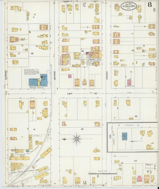 Sanborn Fire Insurance Map from Vineland, Cumberland County, New Jersey (1906), Sheet #0008 - Historic Sanborn Fire Insurance Map Print, vintage old map wall art, antique decor, genealogy gift, New Jersey New Jersey map