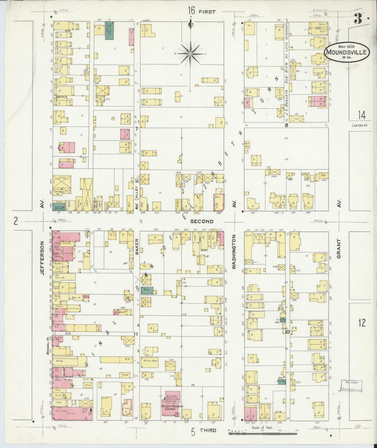 Sanborn Fire Insurance Map from Moundsville, Marshall County, West Virginia (1909), Sheet #0003 - Historic Sanborn Fire Insurance Map Print, vintage old map wall art, antique decor, genealogy gift, West Virginia West Virginia map