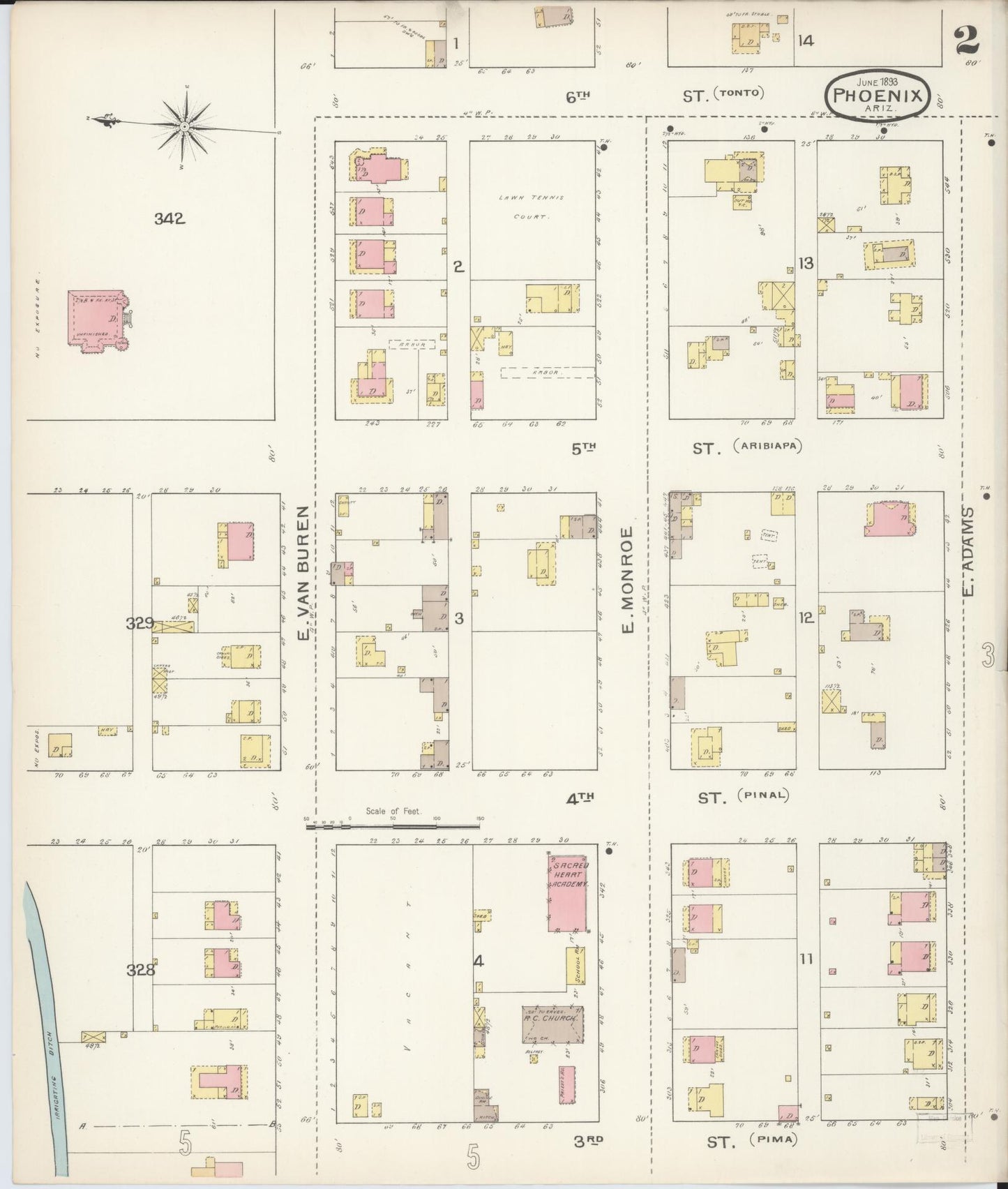 Sanborn Fire Insurance Map from Phoenix, Maricopa County, Arizona (1893), Sheet #0002 - Complete Map Set gallery image, historic Sanborn map, vintage wall art, Arizona Arizona