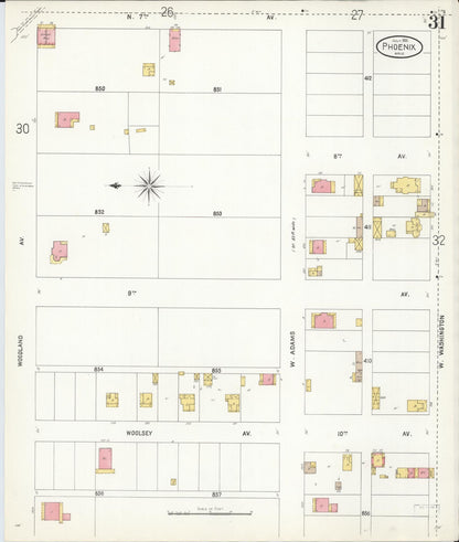 Sanborn Fire Insurance Map from Phoenix, Maricopa County, Arizona (1901), Sheet #0031 - Complete Map Set gallery image, historic Sanborn map, vintage wall art, Arizona Arizona