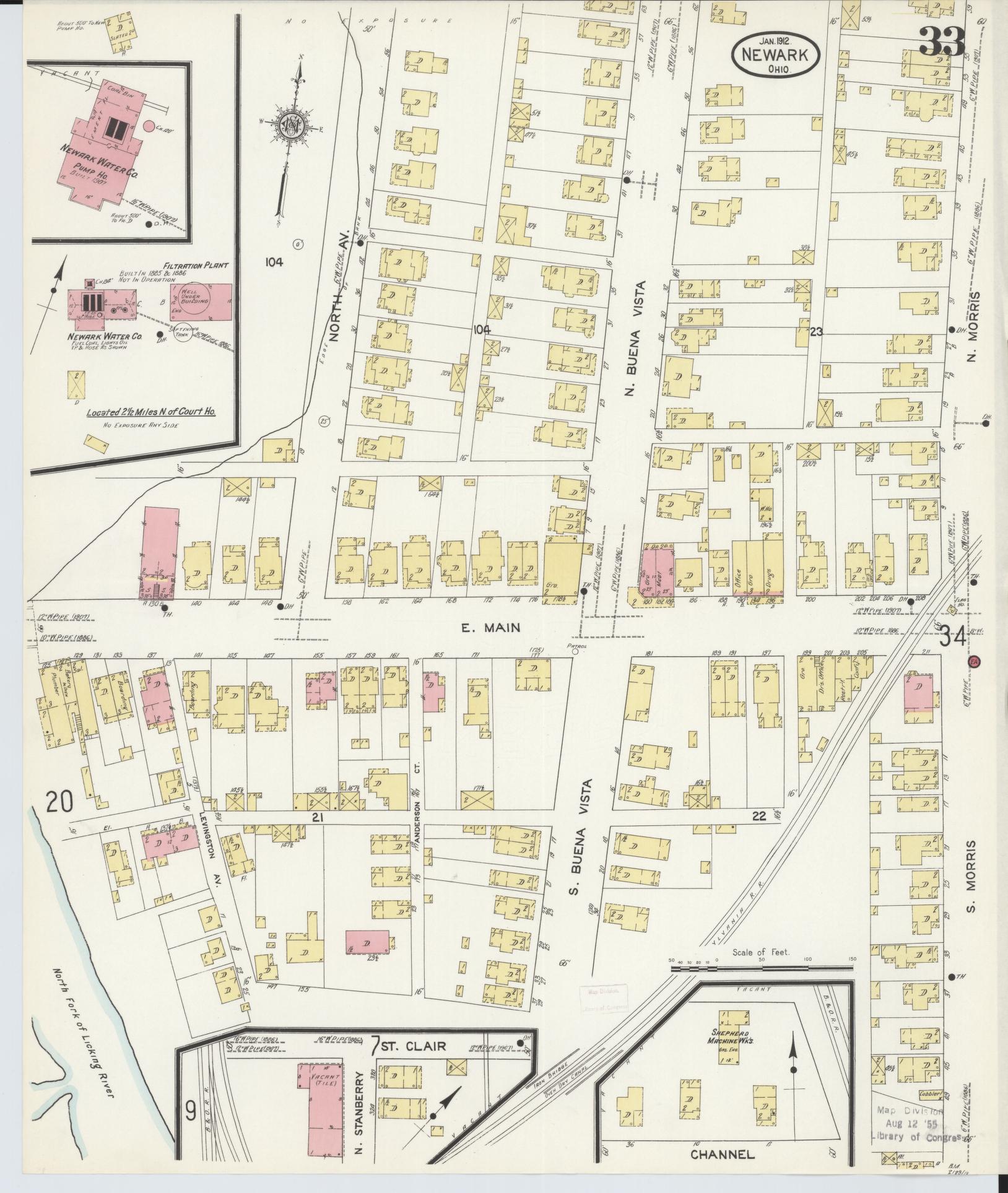Sanborn Fire Insurance Map from Newark, Licking County, Ohio (1912), Sheet #0033 - Historic Sanborn Fire Insurance Map Print, vintage old map wall art, antique decor, genealogy gift, Ohio Ohio map