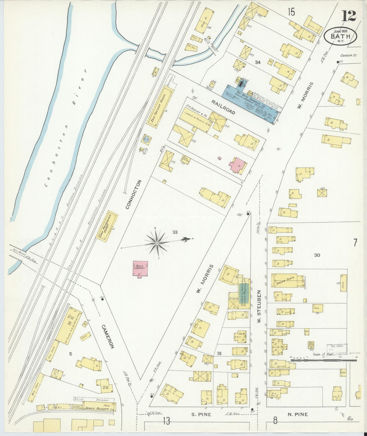 Sanborn Fire Insurance Map from Bath, Steuben County, New York (1909), Sheet #0012 - Historic Sanborn Fire Insurance Map Print, vintage old map wall art, antique decor, genealogy gift, New York New York map