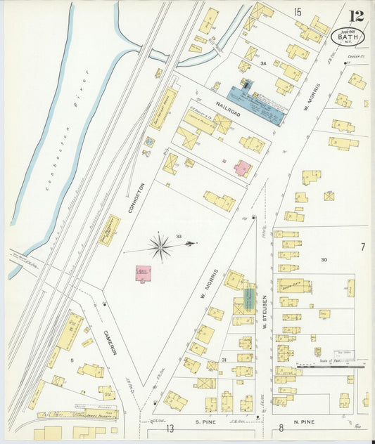Sanborn Fire Insurance Map from Bath, Steuben County, New York (1909), Sheet #0012 - Historic Sanborn Fire Insurance Map Print, vintage old map wall art, antique decor, genealogy gift, New York New York map