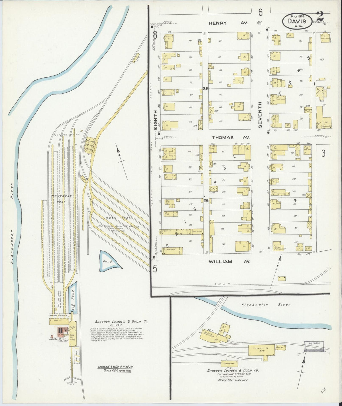 Sanborn Fire Insurance Map from Davis, Tucker County, West Virginia (1909), Sheet #0002 - Historic Sanborn Fire Insurance Map Print, vintage old map wall art, antique decor, genealogy gift, West Virginia West Virginia map
