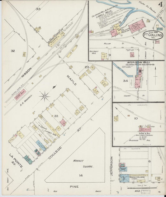 Sanborn Fire Insurance Map from Fort Collins, Larimer County, Colorado (1886), Sheet #0004 - Historic Sanborn Fire Insurance Map Print, vintage old map wall art, antique decor, genealogy gift, Colorado Colorado map