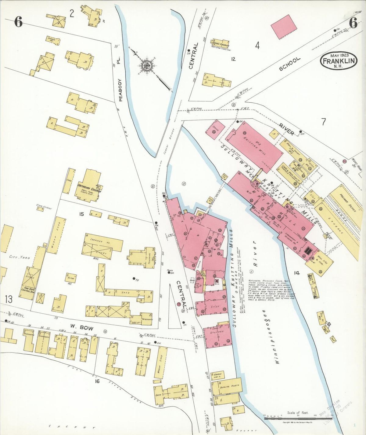 Sanborn Fire Insurance Map from Franklin, Merrimack County, New Hampshire (1923), Sheet #0006 - Historic Sanborn Fire Insurance Map Print, vintage old map wall art, antique decor, genealogy gift, New Hampshire New Hampshire map