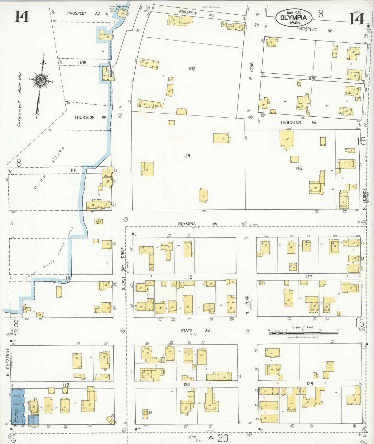 Sanborn Fire Insurance Map from Olympia, Thurston County, Washington (1924), Sheet #0014 - Historic Sanborn Fire Insurance Map Print, vintage old map wall art, antique decor, genealogy gift, Washington Washington map