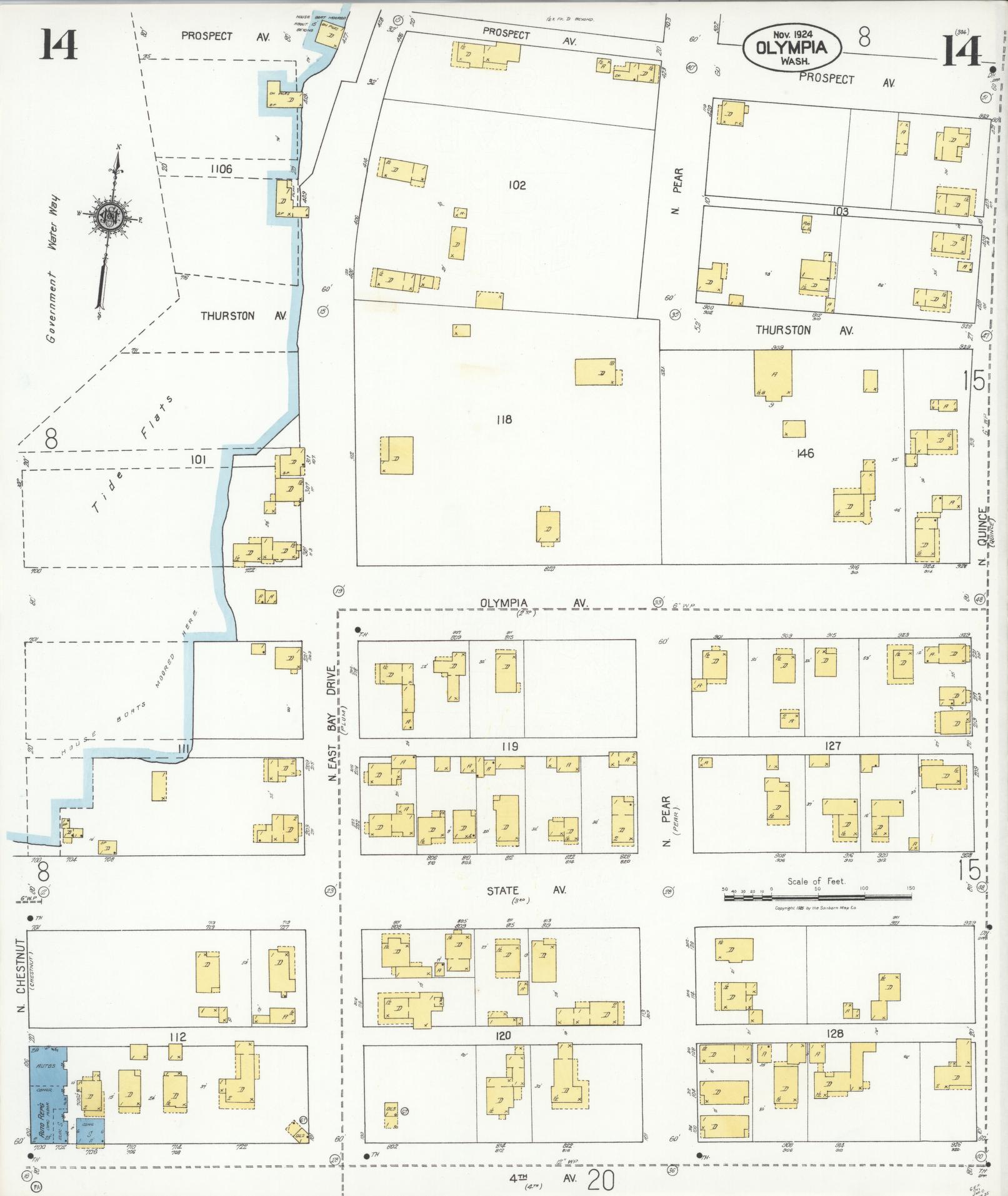 Sanborn Fire Insurance Map from Olympia, Thurston County, Washington (1924), Sheet #0014 - Historic Sanborn Fire Insurance Map Print, vintage old map wall art, antique decor, genealogy gift, Washington Washington map