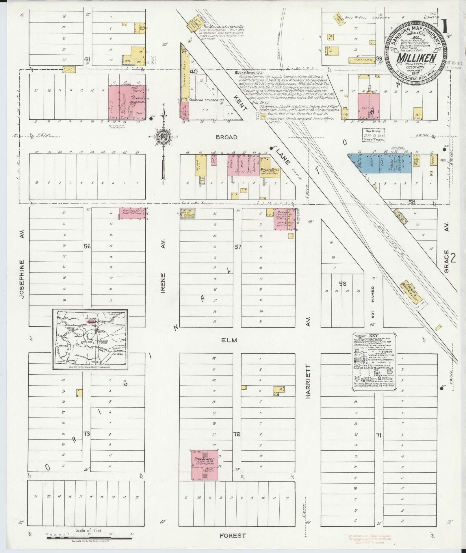 Sanborn Fire Insurance Map from Milliken, Weld County, Colorado (1917), Sheet #0001 - Historic Sanborn Fire Insurance Map Print, vintage old map wall art, antique decor, genealogy gift, Colorado Colorado map