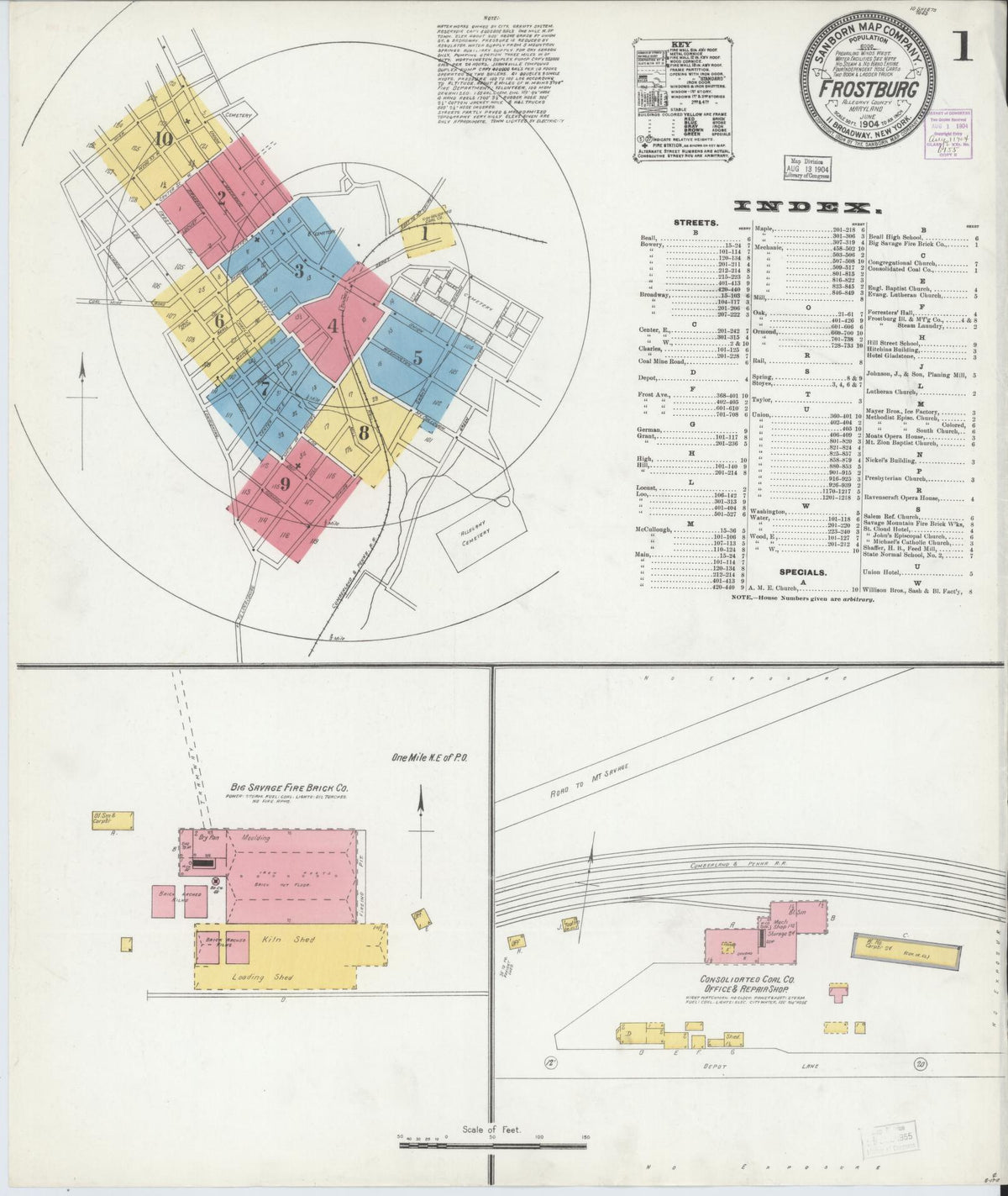 Sanborn Fire Insurance Map from Frostburg, Allegany County, Maryland (1904), Sheet #0001 - Historic Sanborn Fire Insurance Map Print, vintage old map wall art, antique decor, genealogy gift, Maryland Maryland map