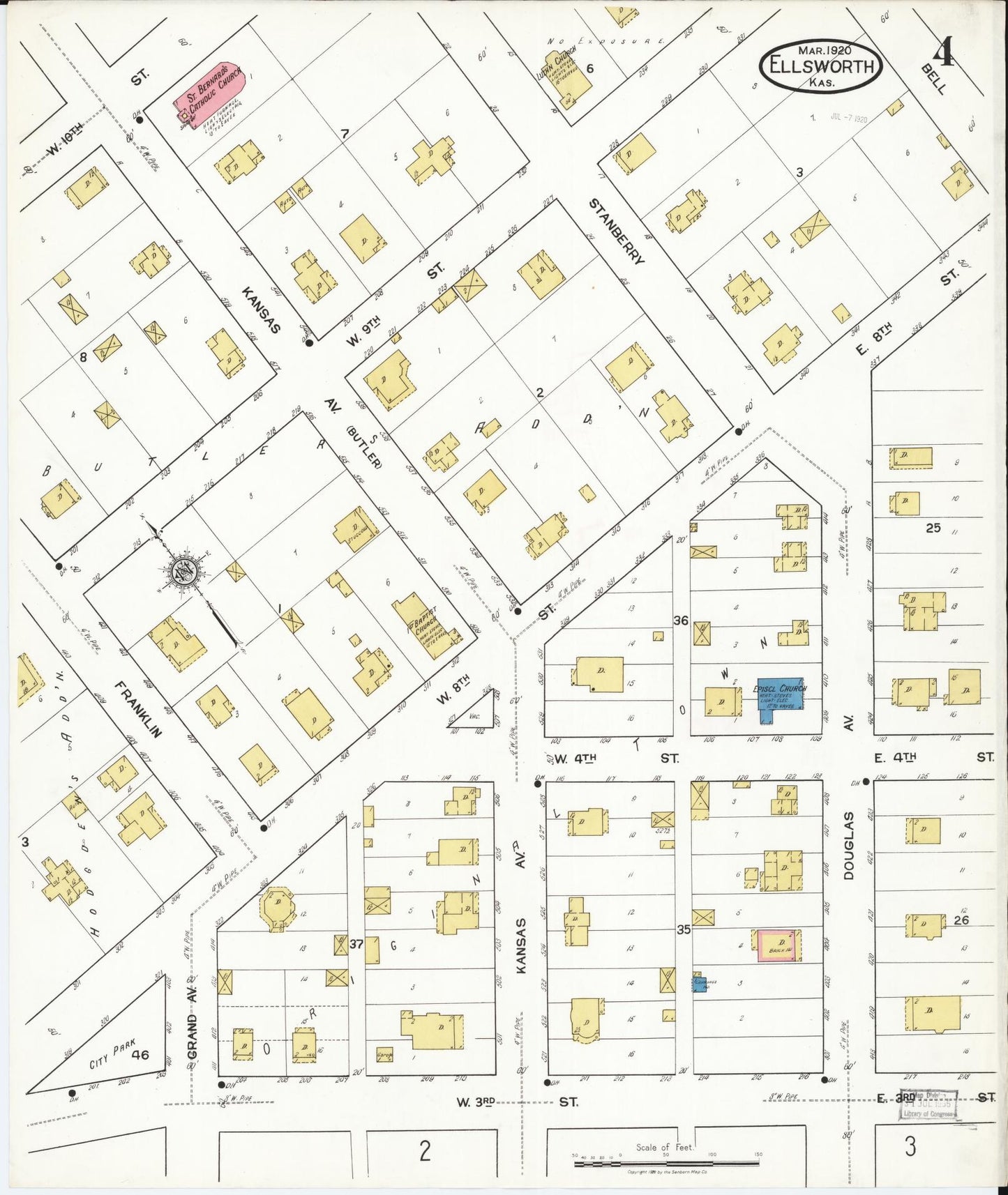 Sanborn Fire Insurance Map from Ellsworth, Ellsworth County, Kansas (1920), Sheet #0004 - Historic Sanborn Fire Insurance Map Print, vintage old map wall art, antique decor, genealogy gift, Kansas Kansas map