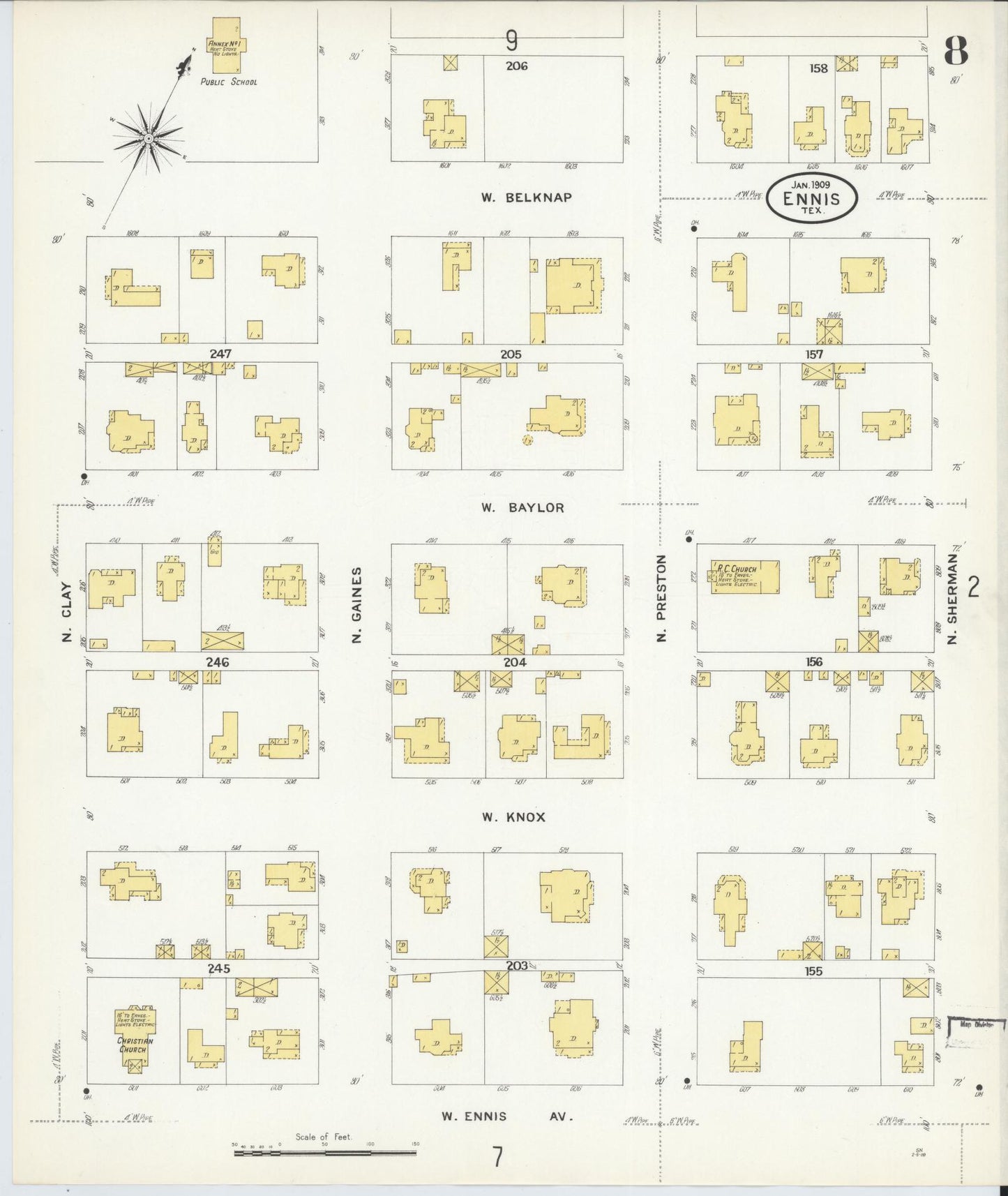 Sanborn Fire Insurance Map from Ennis, Ellis County, Texas (1909), Sheet #0008 - Complete Map Set gallery image, historic Sanborn map, vintage wall art, Texas Texas