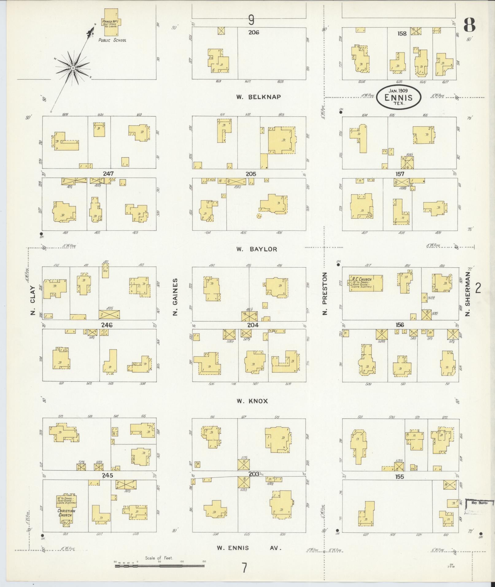 Sanborn Fire Insurance Map from Ennis, Ellis County, Texas (1909), Sheet #0008 - Complete Map Set gallery image, historic Sanborn map, vintage wall art, Texas Texas