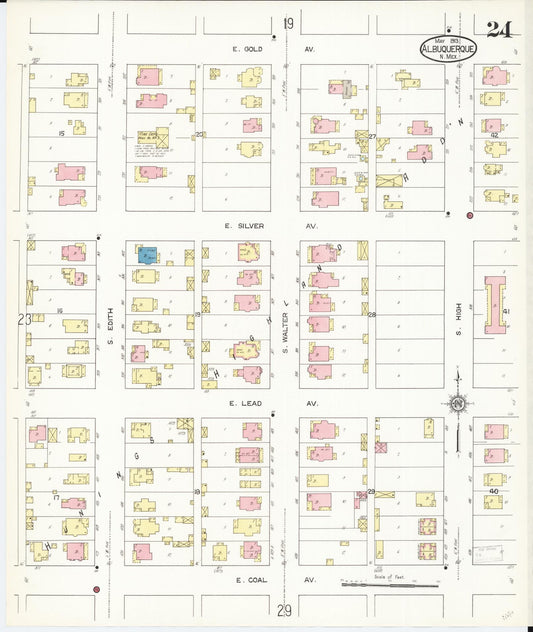 Sanborn Fire Insurance Map from Albuquerque, Bernalillo County, New Mexico (1913), Sheet #0024 - Historic Sanborn Fire Insurance Map Print, vintage old map wall art, antique decor, genealogy gift, New Mexico New Mexico map
