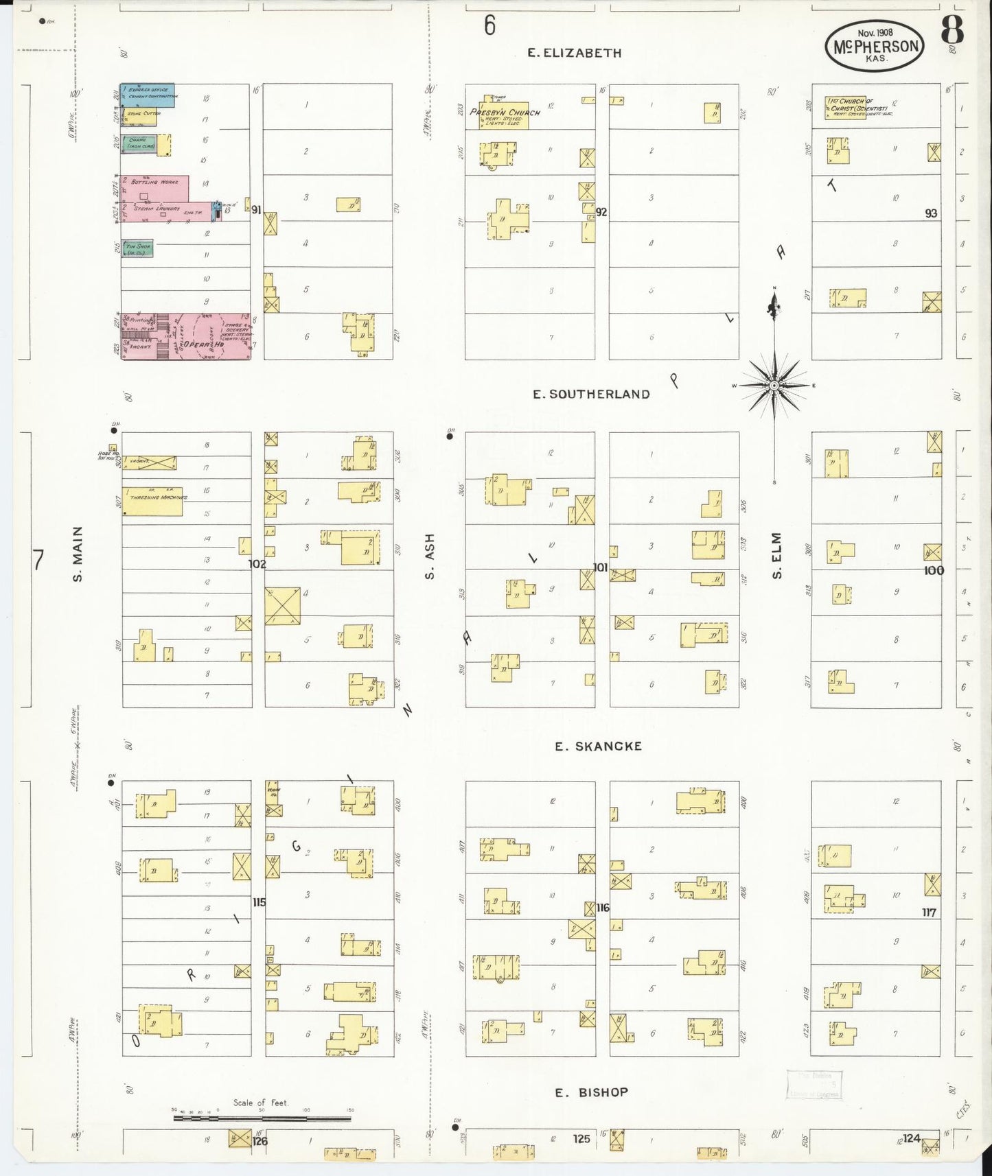 Sanborn Fire Insurance Map from Mcpherson, Mcpherson County, Kansas (1908), Sheet #0008 - Complete Map Set gallery image, historic Sanborn map, vintage wall art, Kansas Kansas