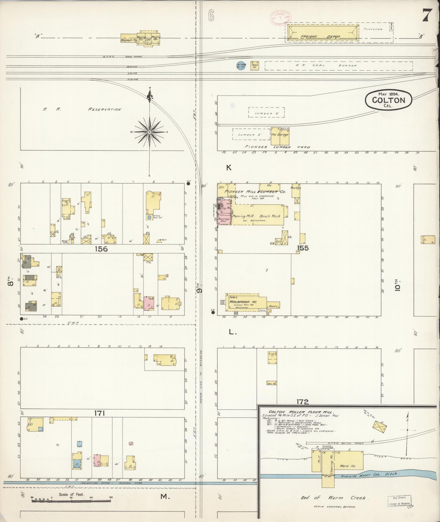 Sanborn Fire Insurance Map from Colton, San Bernardino County, California (1894), Sheet #0007 - Historic Sanborn Fire Insurance Map Print, vintage old map wall art, antique decor, genealogy gift, California California map