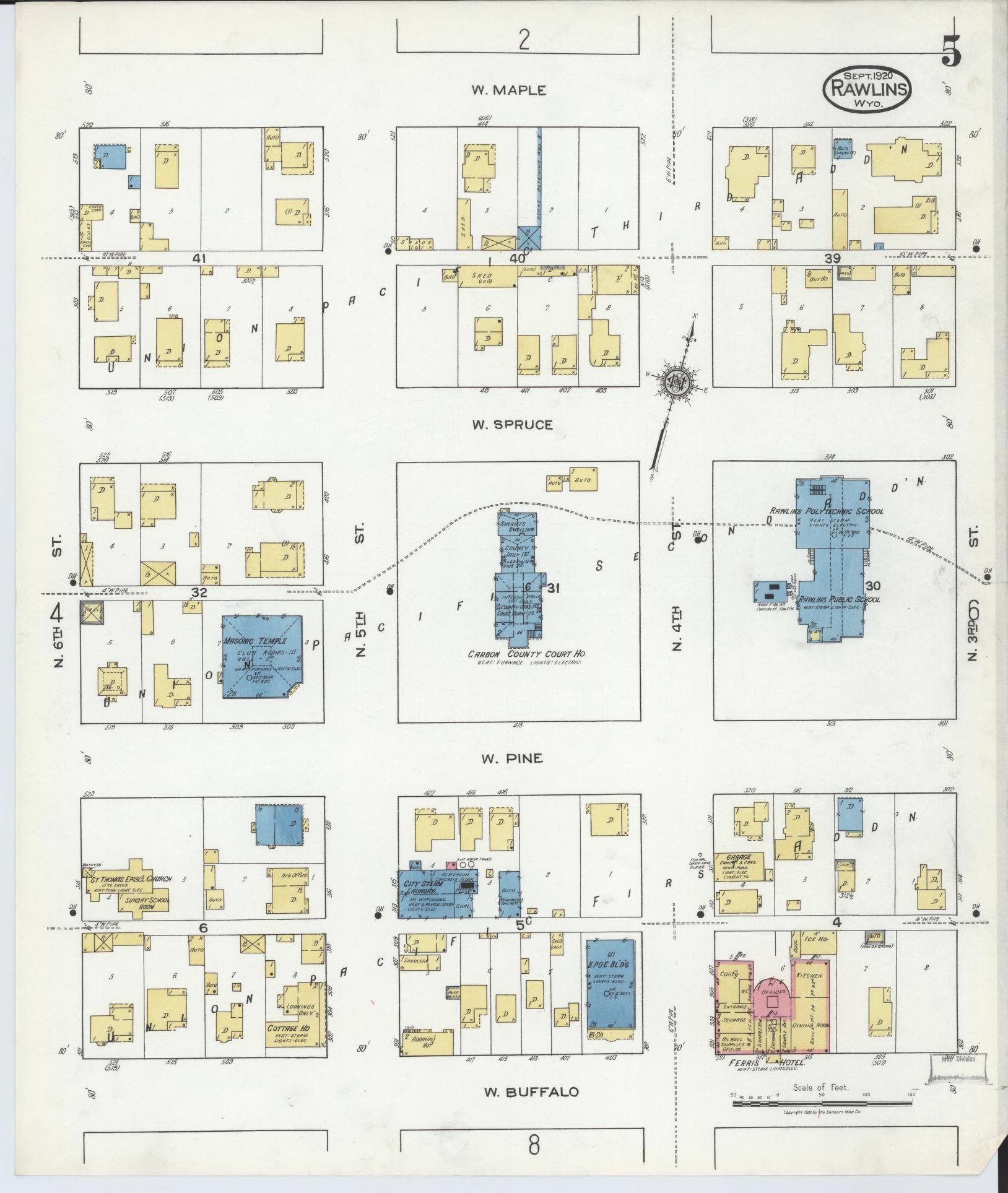Sanborn Fire Insurance Map from Rawlins, Carbon County, Wyoming (1920), Sheet #0005 - Complete Map Set gallery image, historic Sanborn map, vintage wall art, Wyoming Wyoming