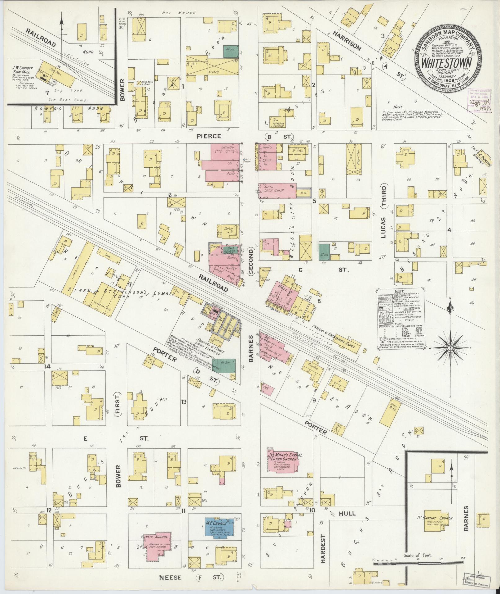 Sanborn Fire Insurance Map from Whitestown, Boone County, Indiana (1909), Sheet #0001 - Historic Sanborn Fire Insurance Map Print, vintage old map wall art, antique decor, genealogy gift, Indiana Indiana map