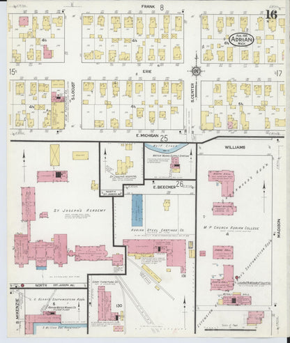 Sanborn Fire Insurance Map from Adrian, Lenawee County, Michigan (1916), Sheet #0016 - Complete Map Set gallery image, historic Sanborn map, vintage wall art, Michigan Michigan