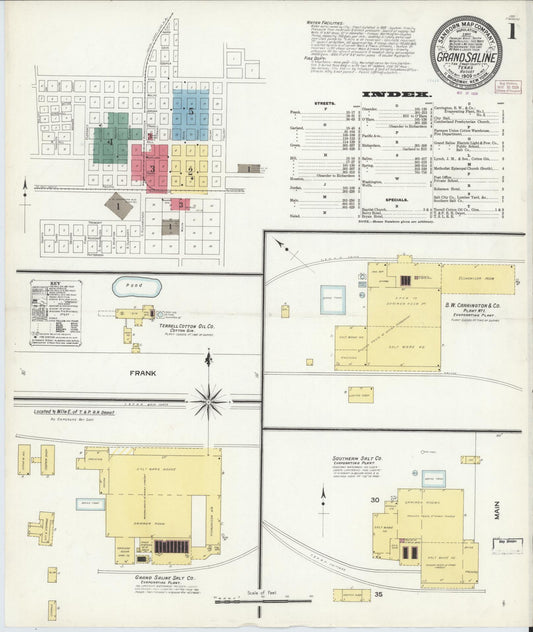 Sanborn Fire Insurance Map from Grand Saline, Van Zandt County, Texas (1909), Sheet #0001 - Complete Map Set gallery image, historic Sanborn map, vintage wall art, Texas Texas