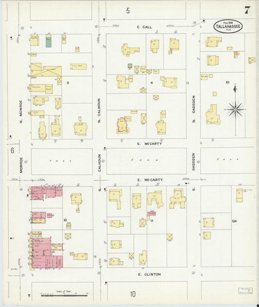 Sanborn Fire Insurance Map from Tallahassee, Leon County, Florida (1909), Sheet #0007 - Historic Sanborn Fire Insurance Map Print, vintage old map wall art, antique decor, genealogy gift, Florida Florida map