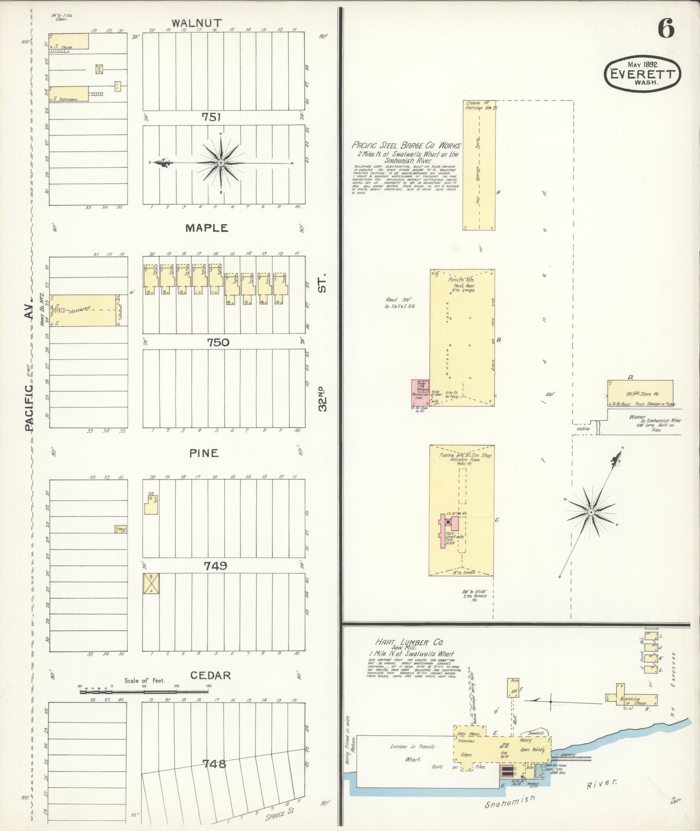 Sanborn Fire Insurance Map from Everett, Snohomish County, Washington (1892), Sheet #0006 - Historic Sanborn Fire Insurance Map Print, vintage old map wall art, antique decor, genealogy gift, Washington Washington map