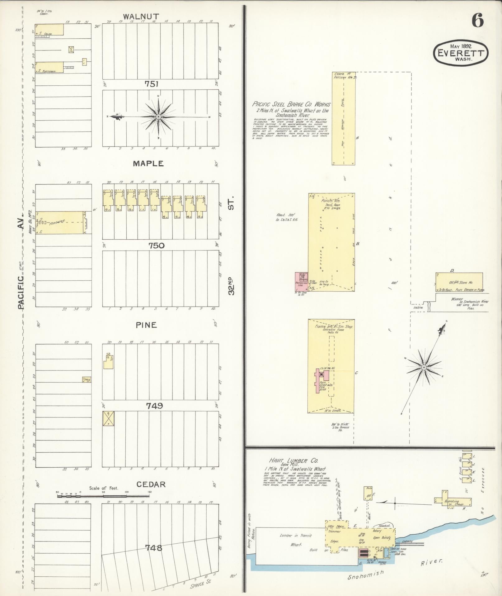 Sanborn Fire Insurance Map from Everett, Snohomish County, Washington (1892), Sheet #0006 - Historic Sanborn Fire Insurance Map Print, vintage old map wall art, antique decor, genealogy gift, Washington Washington map