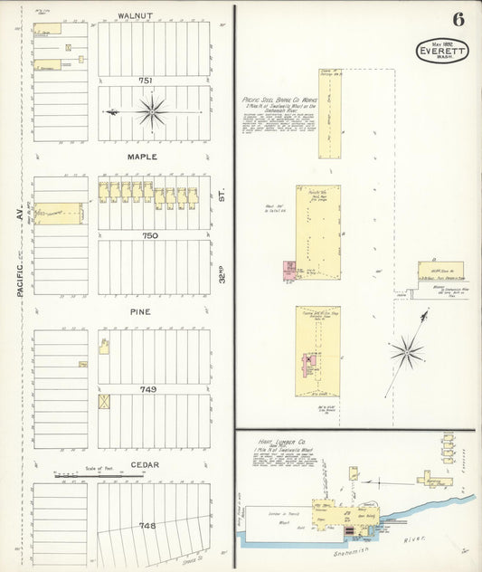 Sanborn Fire Insurance Map from Everett, Snohomish County, Washington (1892), Sheet #0006 - Historic Sanborn Fire Insurance Map Print, vintage old map wall art, antique decor, genealogy gift, Washington Washington map