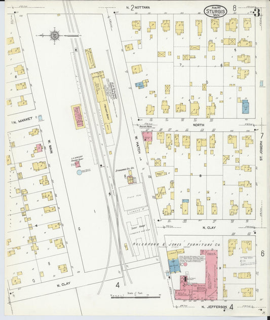 Sanborn Fire Insurance Map from Sturgis, Saint Joseph County, Michigan (1911), Sheet #0003 - Historic Sanborn Fire Insurance Map Print, vintage old map wall art, antique decor, genealogy gift, Michigan Michigan map