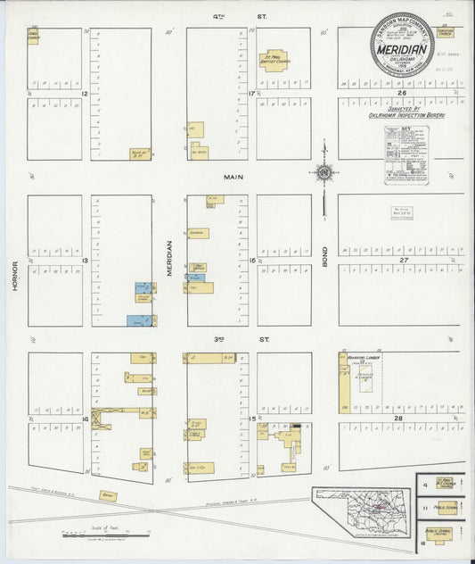 Sanborn Fire Insurance Map from Meridian, Logan County, Oklahoma (1919), Sheet #0001 - Historic Sanborn Fire Insurance Map Print, vintage old map wall art, antique decor, genealogy gift, Oklahoma Oklahoma map