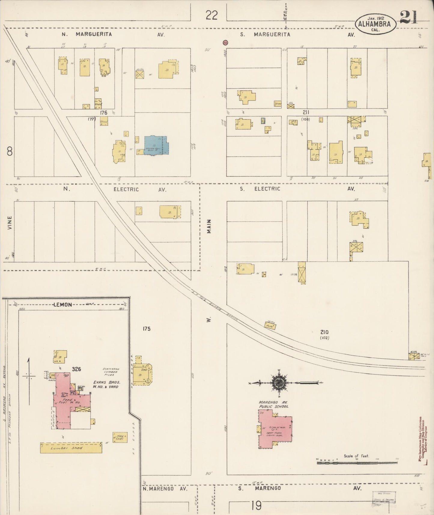 Sanborn Fire Insurance Map from Alhambra, Los Angeles County, California (1912), Sheet #0021 - Historic Sanborn Fire Insurance Map Print, vintage old map wall art, antique decor, genealogy gift, California California map