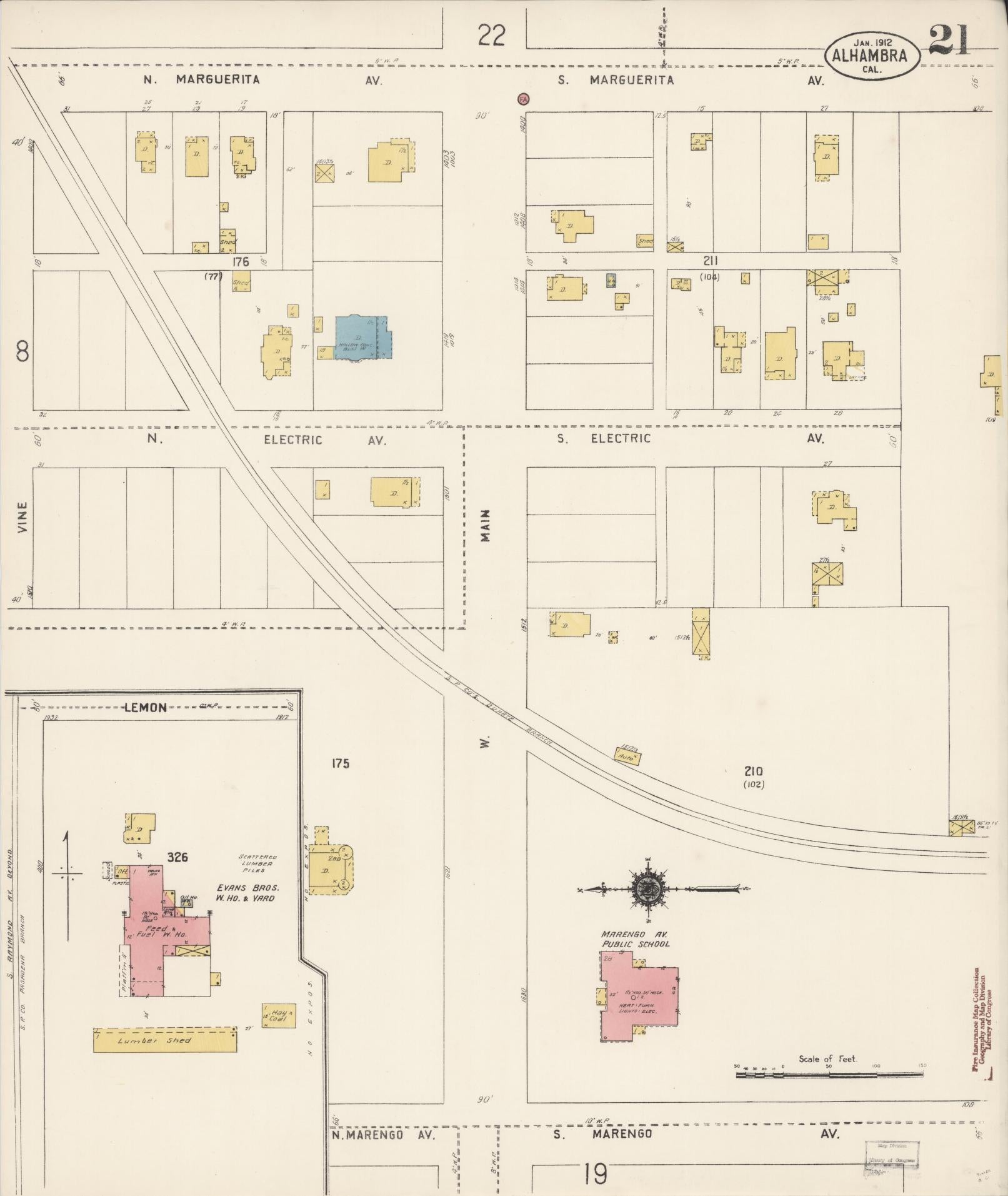 Sanborn Fire Insurance Map from Alhambra, Los Angeles County, California (1912), Sheet #0021 - Historic Sanborn Fire Insurance Map Print, vintage old map wall art, antique decor, genealogy gift, California California map