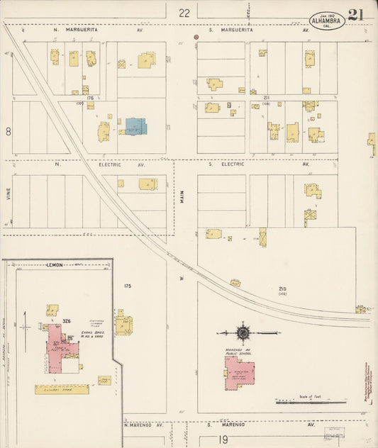 Sanborn Fire Insurance Map from Alhambra, Los Angeles County, California (1912), Sheet #0021 - Historic Sanborn Fire Insurance Map Print, vintage old map wall art, antique decor, genealogy gift, California California map