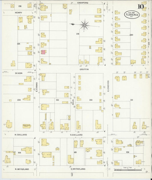 Sanborn Fire Insurance Map from Florence, Florence County, South Carolina (1908), Sheet #0010 - Historic Sanborn Fire Insurance Map Print, vintage old map wall art, antique decor, genealogy gift, South Carolina South Carolina map
