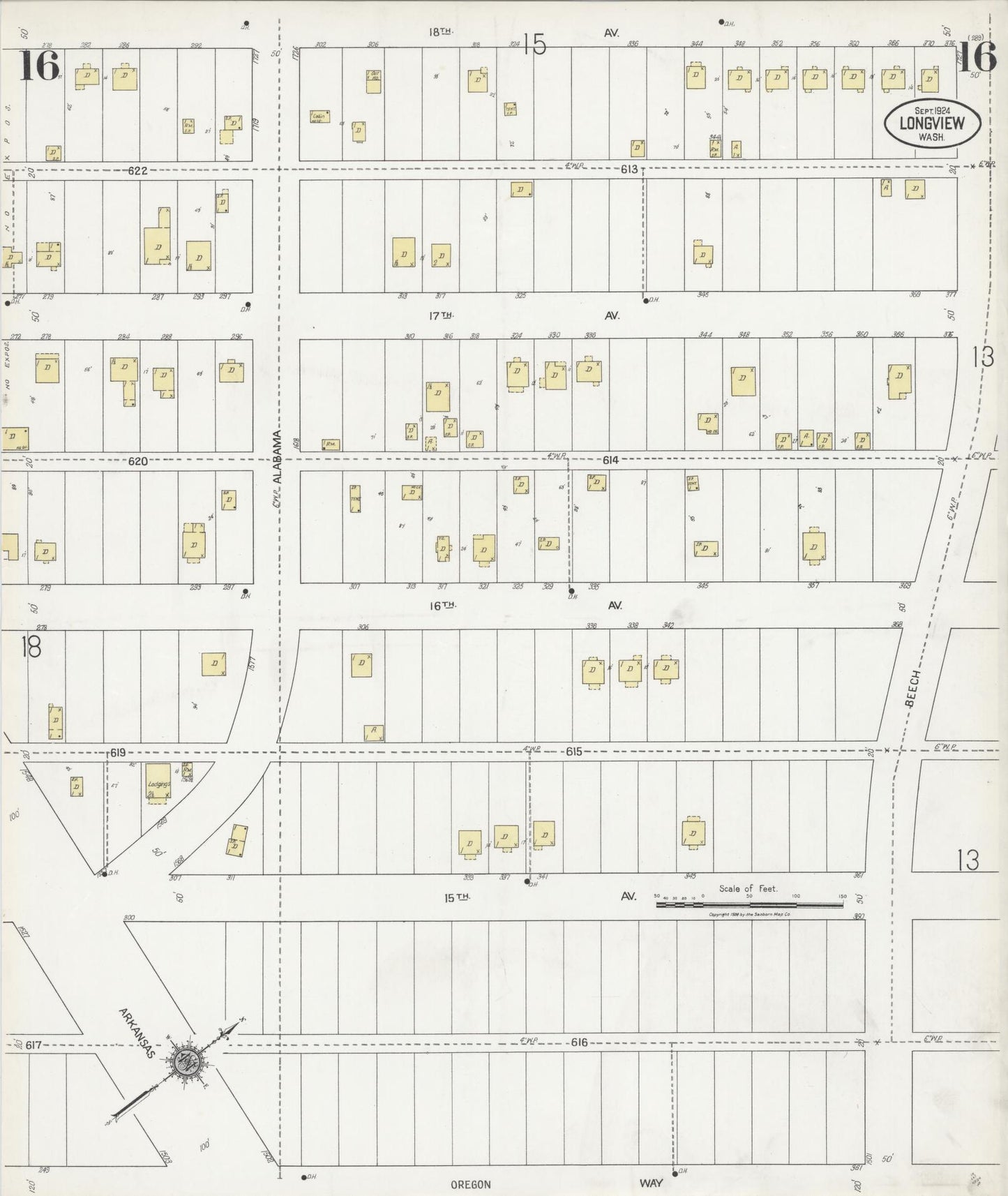 Sanborn Fire Insurance Map from Longview, Cowlitz County, Washington (1924), Sheet #0016 - Complete Map Set gallery image, historic Sanborn map, vintage wall art, Washington Washington