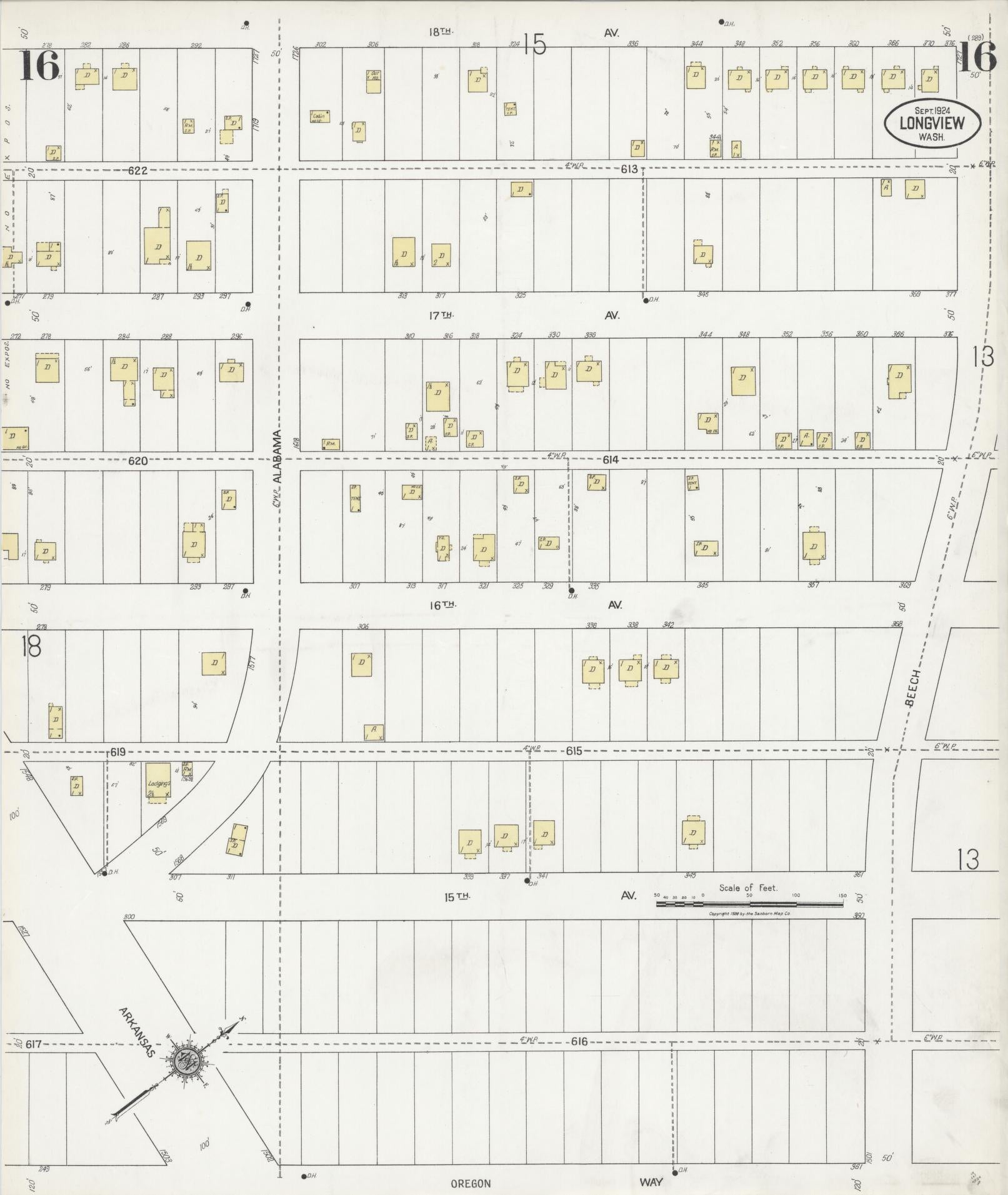 Sanborn Fire Insurance Map from Longview, Cowlitz County, Washington (1924), Sheet #0016 - Complete Map Set gallery image, historic Sanborn map, vintage wall art, Washington Washington