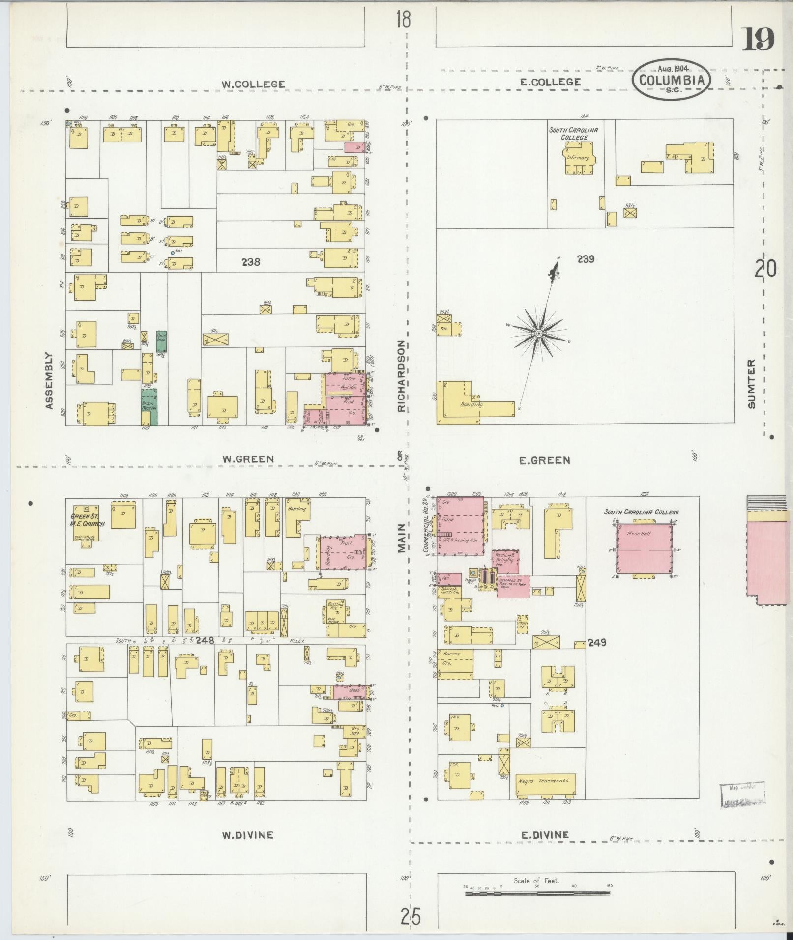 Sanborn Fire Insurance Map from Columbia, Richland County, South Carolina (1904), Sheet #0019 - Historic Sanborn Fire Insurance Map Print, vintage old map wall art, antique decor, genealogy gift, South Carolina South Carolina map